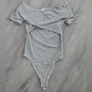 Criss Cross Striped Wrap Off The Shoulder Bodysuit